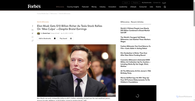 Security scan screenshot of https://www.forbesmiddleeast.com/billionaires/world-billionaires/elon-musk-gets-$10-billion-richer-as-tesla-stock-rallies-on-mea-culpa-despite-brutal-earnings
