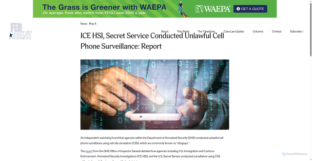 Security scan screenshot of https://www.fedagent.com/news/ice-hsi-secret-service-conducted-unlawful-cell-phone-surveillance-report