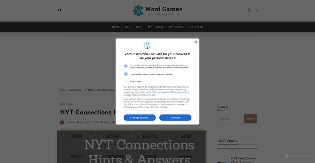Security scan screenshot of https://blog.wordunscrambler.net/word-games/nyt-connections-hints-answers-for-today/