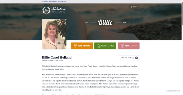 Security scan screenshot of https://www.nicholsonfunerals.com/obituaries/billie-holland