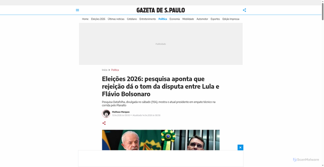 Security scan screenshot of https://www.gazetasp.com.br/politica/datafolha-lula-lidera-com-39-mas-empate-tecnico-com-flavio/