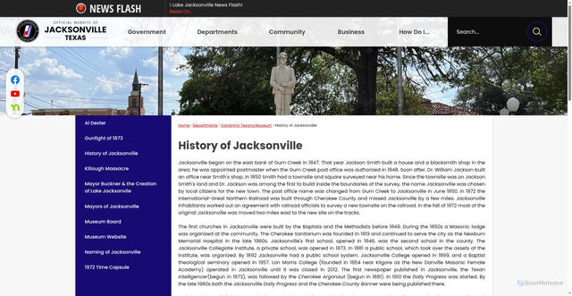 Security scan screenshot of https://www.jacksonvilletx.org/150/History-of-Jacksonville