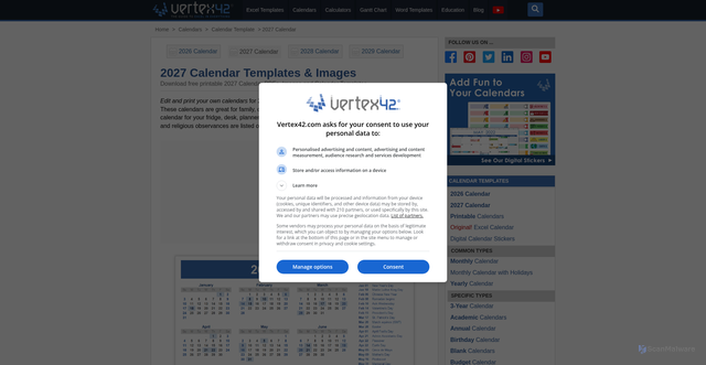 Security scan screenshot of https://www.vertex42.com/calendars/2027.html