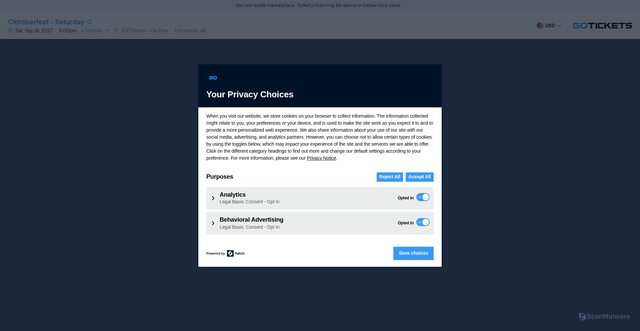 Security scan screenshot of https://www.gotickets.com/tickets/2057809