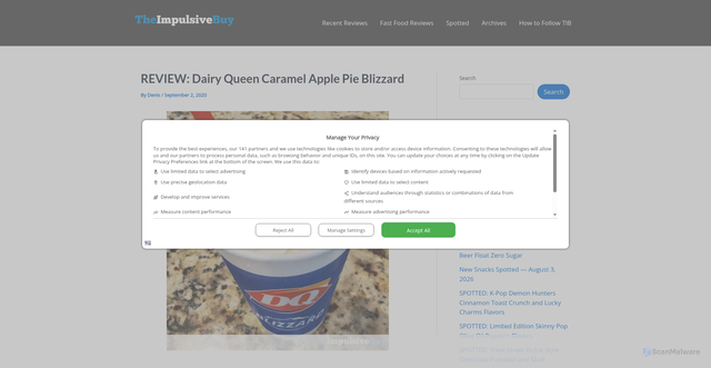 Security scan screenshot of https://www.theimpulsivebuy.com/wordpress/2020/09/02/dairy-queen-caramel-apple-pie-blizzard-review/