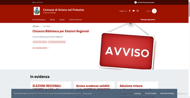 Security scan screenshot of https://www.comune.arianonelpolesine.ro.it/home