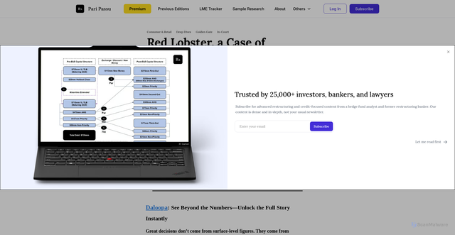 Security scan screenshot of https://restructuringnewsletter.com/p/red-lobster-a-case-of-predatory-private-equity-not-shrimp