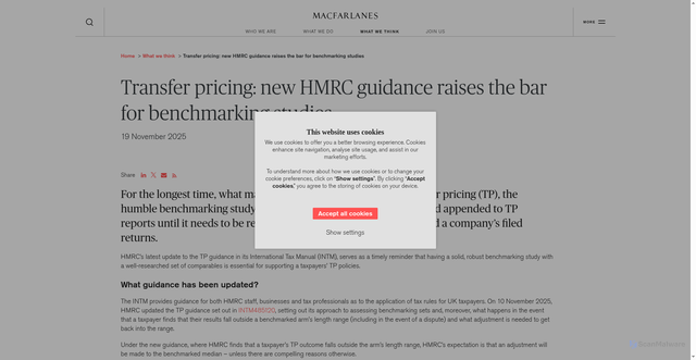 Security scan screenshot of https://www.macfarlanes.com/what-we-think/102eli5/transfer-pricing-new-hmrc-guidance-raises-the-bar-for-benchmarking-studies-102lv9o/