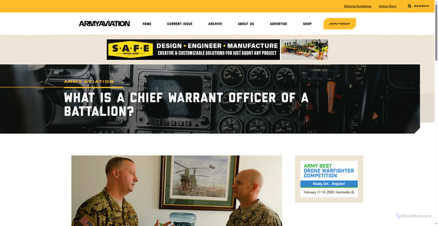 Security scan screenshot of https://armyaviationmagazine.com/what-is-a-chief-warrant-officer-of-a-battalion/