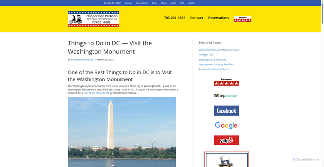 Security scan screenshot of https://nonpartisanpedicab.com/things-to-do-in-dc-visit-the-washington-monument/