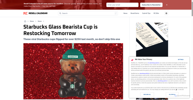 Security scan screenshot of https://resellcalendar.com/news/news/starbucks-glass-bearista-cup-restock-date-reseller/