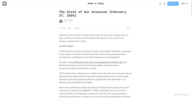 Security scan screenshot of https://richardhaass.substack.com/p/the-state-of-our-disunion-february