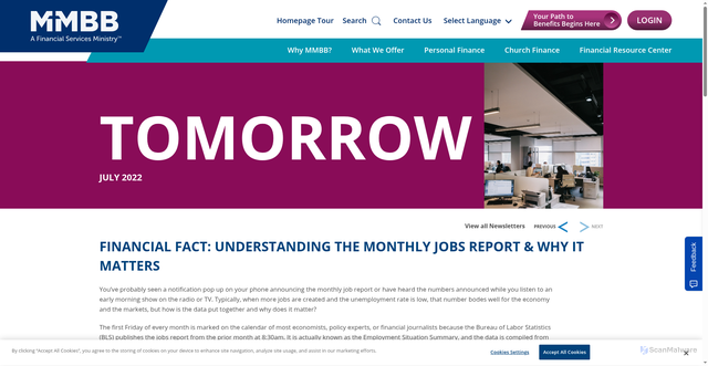 Security scan screenshot of https://www.mmbb.org/resources/e-newsletter/2022/july/financial-fact-understanding-the-monthly-jobs-report-why-it-matters