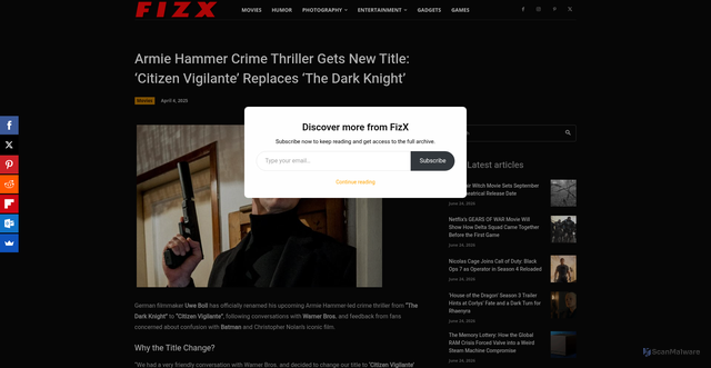 Security scan screenshot of https://www.fiz-x.com/armie-hammer-crime-thriller-gets-new-title-citizen-vigilante-replaces-the-dark-knight/
