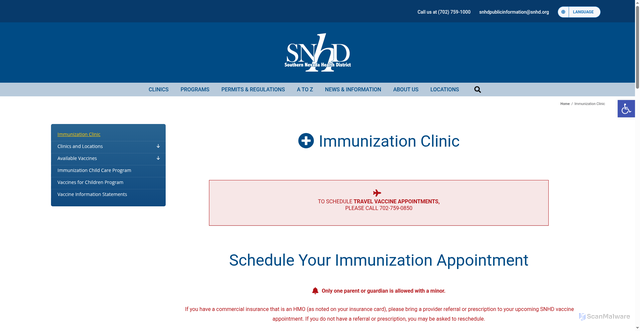 Security scan screenshot of https://www.southernnevadahealthdistrict.org/community-health-center/immunization-clinic/