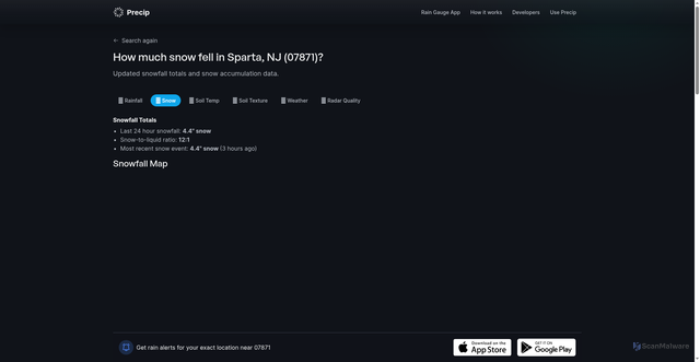 Security scan screenshot of https://precip.ai/snow-totals/zipcode/07871