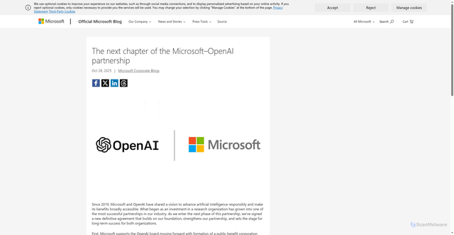 Security scan screenshot of https://blogs.microsoft.com/blog/2025/10/28/the-next-chapter-of-the-microsoft-openai-partnership/
