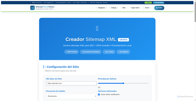 Security scan screenshot of https://onlinetecnotools.com/creador-sitemap-xml-online-gratis/