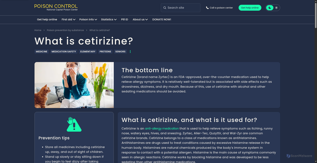 Security scan screenshot of https://www.poison.org/articles/what-is-cetirizine