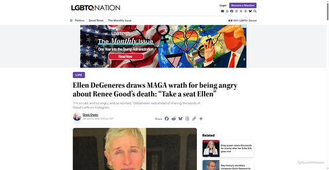 Security scan screenshot of https://www.lgbtqnation.com/2026/01/ellen-degeneres-draws-maga-wrath-for-being-angry-about-renee-goods-take-a-seat-ellen/