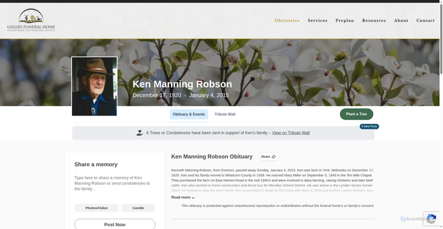 Security scan screenshot of https://www.gilliesfuneralhome.com/obituaries/Ken-Manning-Robson?obId=495164