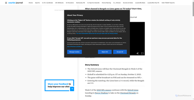 Security scan screenshot of https://www.courier-journal.com/story/sports/nfl/2025/10/05/when-nfl-games-live-today-2025-watch-lions-vs-bengals-game-tonight-what-time-channel-stream-schedule/86526735007/