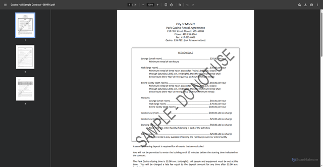 Security scan screenshot of https://cms5.revize.com/revize/monettmo/Document%20Center/Casino/Casino%20Hall%20Sample%20Contract%20-%20060916.pdf