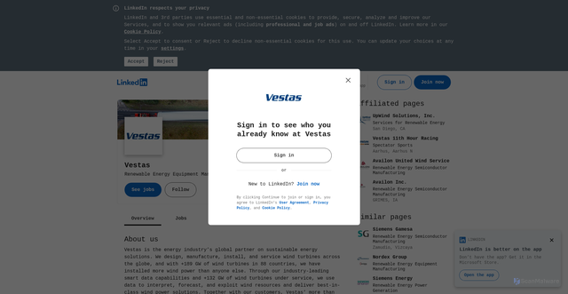 Security scan screenshot of https://ci.linkedin.com/company/vestas?trk=ppro_cprof