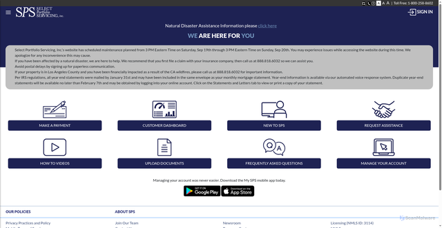 Security scan screenshot of https://spservicing.com