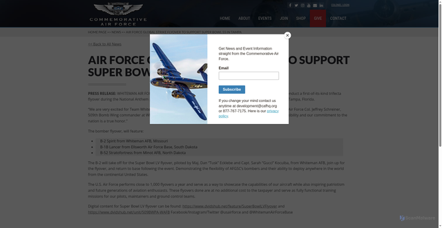 Security scan screenshot of https://commemorativeairforce.org/news/air-force-global-strike-flyover-to-support-super-bowl-55-in-tampa