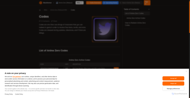 Security scan screenshot of https://anime-zero.bloxinformer.com/codes/
