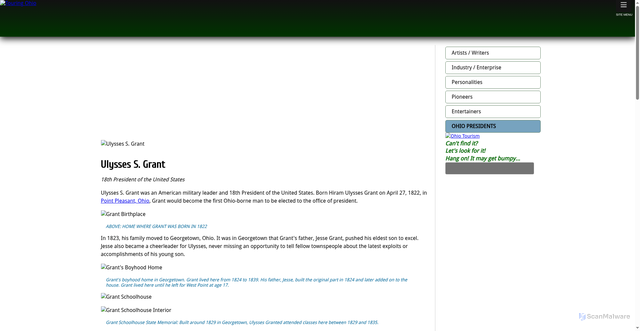 Security scan screenshot of http://touringohio.com/profiles/u-s-grant.html