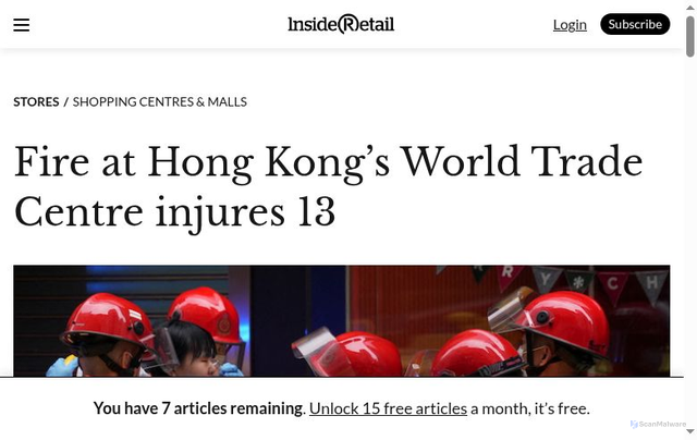 Security scan screenshot of https://insideretail.asia/2021/12/15/fire-at-hong-kongs-world-trade-centre-traps-100/