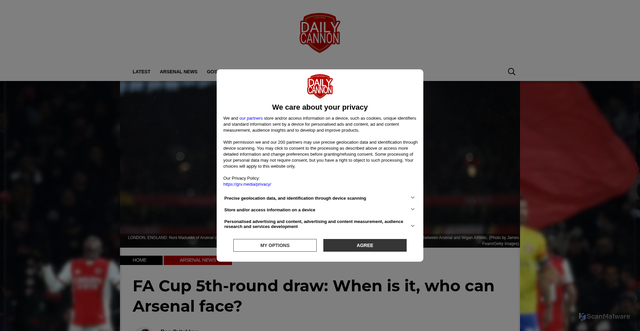 Security scan screenshot of https://dailycannon.com/2026/02/arsenal-fa-cup-fifth-round-draw/