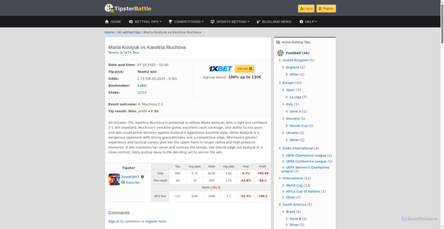 Security scan screenshot of https://www.tipsterbattle.com/betting-tips/marta-kostyuk-vs-karolina-muchova-0