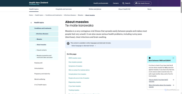 Security scan screenshot of https://info.health.nz/health-topics/conditions-treatments/infectious-diseases/measles/about-measles