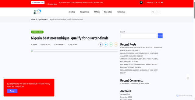 Security scan screenshot of https://rockcityfm.ng/nigeria-beat-mozambique-qualify-for-quarter-finals/