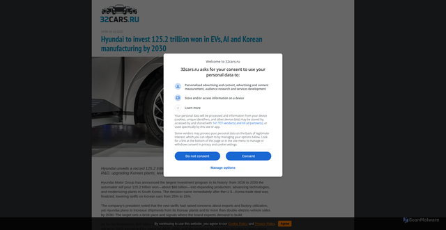 Security scan screenshot of https://www.32cars.ru/en/posts/id2858-hyundai-s-record-86b-push-evs-ai-and-korean-plants