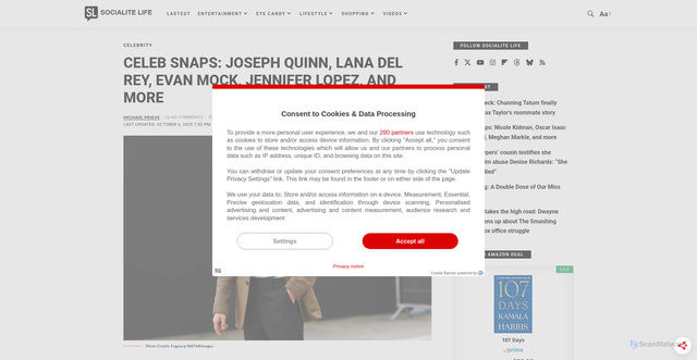 Security scan screenshot of https://socialitelife.com/celeb-snaps-joseph-quinn-lana-del-rey-evan-mock-jennifer-lopez-and-more/