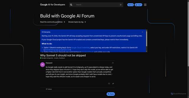 Security scan screenshot of https://discuss.ai.google.dev/t/why-sonnet-5-should-not-be-skipped/173131