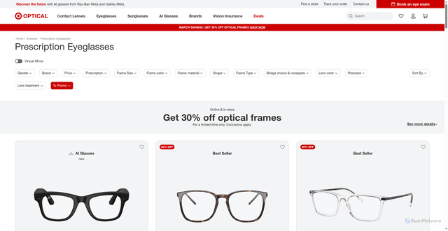Security scan screenshot of https://www.targetoptical.com/to-us/eyeglasses