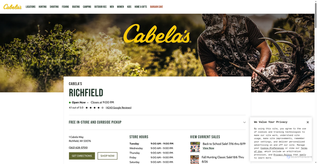 Security scan screenshot of https://stores.cabelas.com/us/wi/richfield/1-cabela-way.html