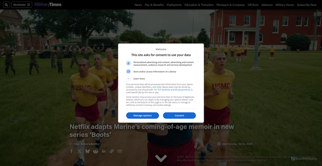 Security scan screenshot of https://www.militarytimes.com/off-duty/military-culture/2025/10/09/netflix-adapts-marines-coming-of-age-memoir-in-new-series-boots/