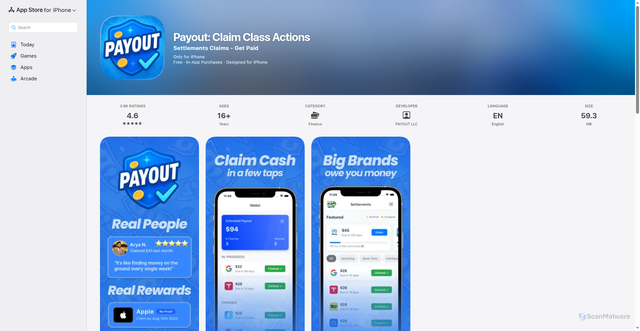 Security scan screenshot of https://apps.apple.com/us/app/payout-claim-class-actions/id6748968935