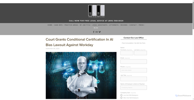 Security scan screenshot of https://www.bamlawca.com/california-labor-laws/court-grants-conditional-certification-in-ai-bias-lawsuit-against-workday
