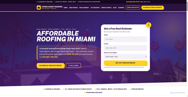Security scan screenshot of https://miamiroofingflorida.com/