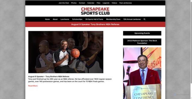 Security scan screenshot of https://chesapeakesportsclub.com/august-8-speaker-tony-brothers-nba-referee/