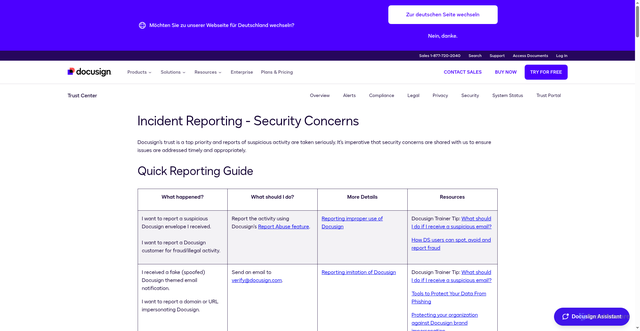 Security scan screenshot of https://www.docusign.com/trust/security/incident-reporting