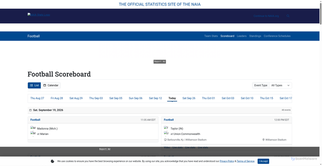 Security scan screenshot of https://naiastats.prestosports.com/sports/fball/scoreboard