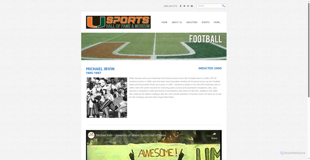 Security scan screenshot of https://www.umsportshalloffame.com/michael-irvin.html